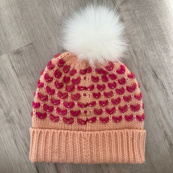 Maeve Anthropologie Hearts Pommed Pom Pom Winter Beanie Hat Pink White - Picture 2 of 10